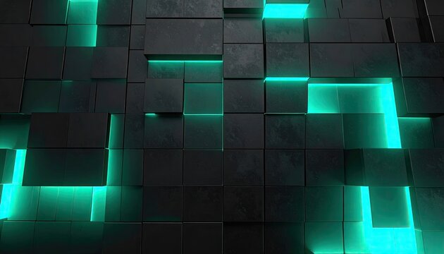 Abstract dark background of squared blocks, lit with turquoise lines