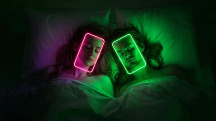 Shifting glow behind couple in bedroom, intensifying neon smartphone frames for digital absorption - Powered by Adobe