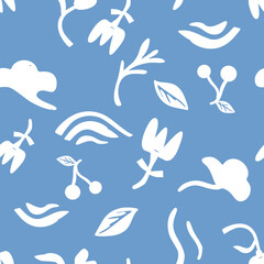 Abstract white floral and leaf silhouettes on denim blue, minimalist seamless pattern with berries and wavy accents for fabric, wrapping paper, wallpaper and modern home decor.