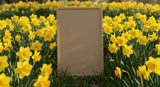 Blank wooden signboard in blooming yellow daffodil flower field spring scene - Powered by Adobe