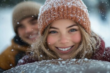 Couple embracing in snowfall.