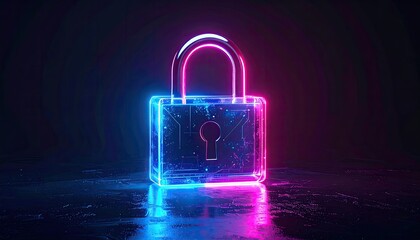 Neon padlock on dark reflective surface