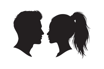 Silhouette head profiles of thoughtful man and woman isolated on white background.