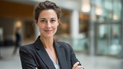 Professional headshot of confident female pharmaceutical sales executive in elegant business suit modern hospital lobby background pharmaceutical sales medical marketing health