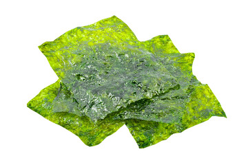 three leaves of dried green nori, isolated on white background with clipping path