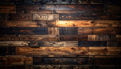 Close-up view of a wall made of varied, dark brown, and light brown wood planks