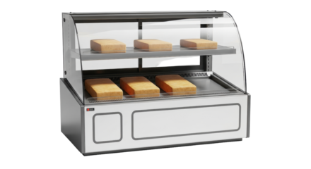 Isolated commercial food display case with pastries inside, a bakery, patisserie item, fresh food