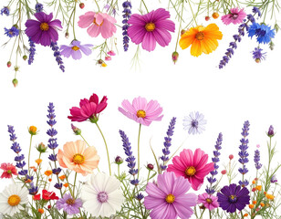 Colorful flowers in various shades of pink, purple, blue, orange, and yellow, arranged in a border on a black background