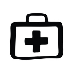 Black and white illustration of a first aid kit with a cross