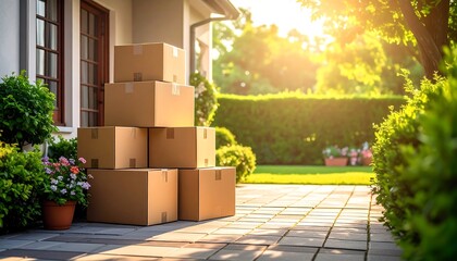 Cardboard boxes stacked on a patio near a house entrance, suggesting moving or unpacking, illuminated by sunlight