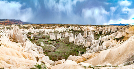 Panorama Erosive stone pillars in Valley of Love, Cappadocia