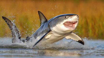 Fototapeta premium A shark is swimming in the water with its mouth open. The shark is in the middle of the water and is surrounded by ripples