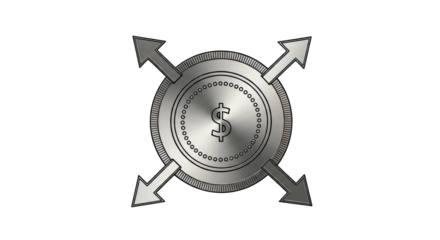 Isolated coin with dollar sign and arrows pointing outward to symbolize growth or profit