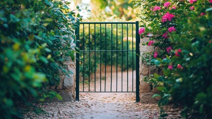 Obraz premium A metal gate opens to a garden path.