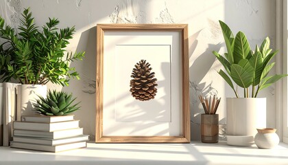 Framed pine cone print on a white mantel with plants and books