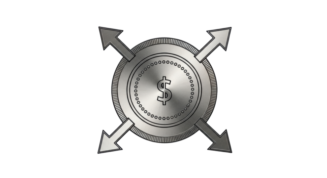 Isolated coin with dollar sign and arrows pointing outward to symbolize growth or profit