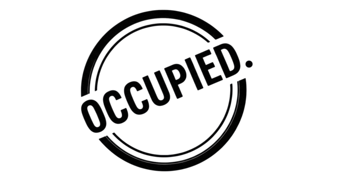 Isolated black stamp with double circles and the word Occupied diagonally in block letters