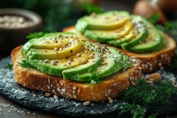 Avocado on toasted bread with dill.