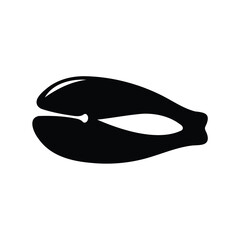 Fish steak silhouette icon illustration- Black silhouette of a sliced fish steak with visible rib pattern, isolated on white background, symbolizing seafood, cooking, and nutrition