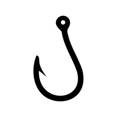 Simple fishing hook silhouette icon- Black silhouette of a single fishing hook isolated on white background, representing fishing, angling equipment, and outdoor sport activities
