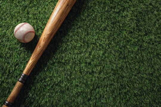 Baseball bat and ball rest on green turf. Overhead shot with copy space for sports themes