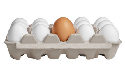 One brown egg among white eggs isolated isolated on transparent background