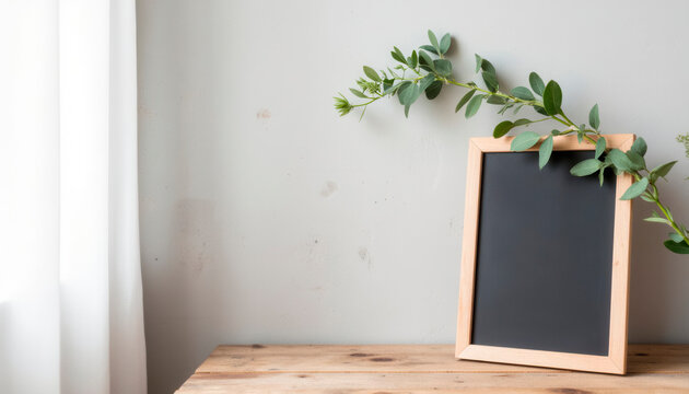Wooden chalkboard frame with greenery on rustic table  