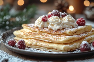Pancakes topped with whipped cream and raspberries on plate.