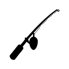 Fishing rod silhouette with reel icon- Black silhouette of a fishing rod with reel, isolated on white background, symbolizing fishing, angling equipment, and outdoor recreational activity
