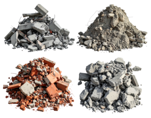 Four piles of construction debris, including broken concrete, bricks, and rubble