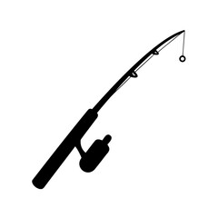 Fishing rod silhouette with reel icon- Black silhouette of a fishing rod with reel, isolated on white background, symbolizing fishing, angling equipment, and outdoor recreational activity
