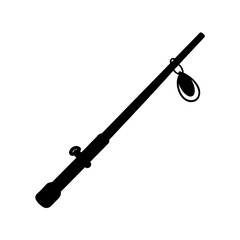 Fishing rod silhouette with reel icon- Black silhouette of a fishing rod with reel, isolated on white background, symbolizing fishing, angling equipment, and outdoor recreational activity
