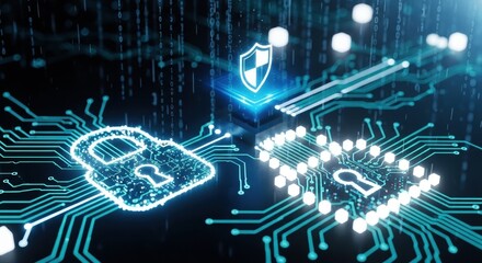 Holographic shield protecting digital locks from hacking, symbolizing modern online security. High-tech background. data breach