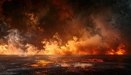 Fiery, smoky background with a dark, textured floor
