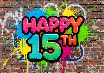 Happy 15th Birthday Bubbly Graffiti Style Text with Paint Splatters on Brick Wall Background