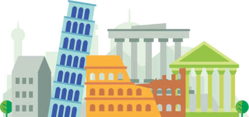 Vibrant Pixel Art Panorama of European Landmarks with Transparent Background Depicting Iconic Structures in Blue Brown and Green Hues Against a Clean Backdrop