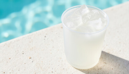 Refreshing drink with ice beside swimming pool on sunny day