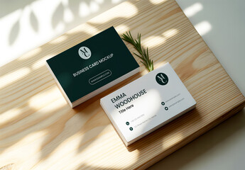 Business Card Mockup on Wood with Sunlit Shadows