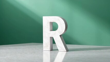 Sliding light beam across green wall, shiny floor, marble letter R rotating showing right face - Powered by Adobe