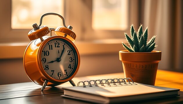 Orange Alarm Clock and Notebook on Wooden Table with Plant 053e441b image