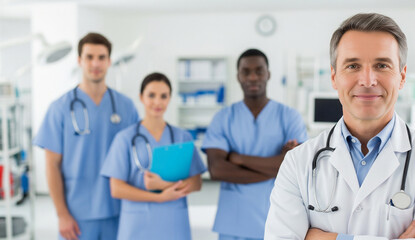 Experienced doctor smiling in front of his diverse medical team in a hospital setting. Healthcare, teamwork, and medical profession concept