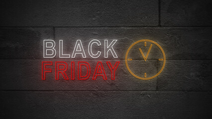 Neon light of clock symbol and Black Friday text on a black background. Copy space. Black Friday sale concept