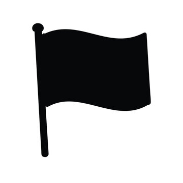 Black silhouette of waving flag on pole- Simple black silhouette of a waving flag on a vertical pole, isolated on white background, symbolizing victory, marking, or identity