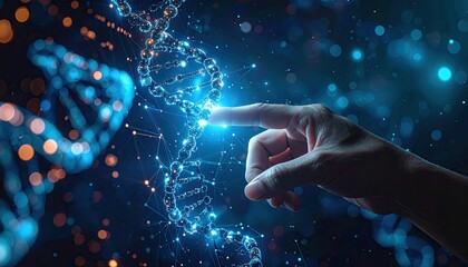 Hand points at a glowing DNA strand