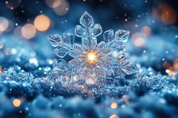 A snowflake in focus, intricate and delicate, against a blurred winter backdrop.