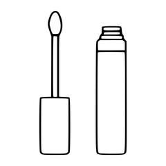 Minimalist black and white vector illustration of an open lipstick tube with applicator and its closed container, perfect for beauty and makeup branding.