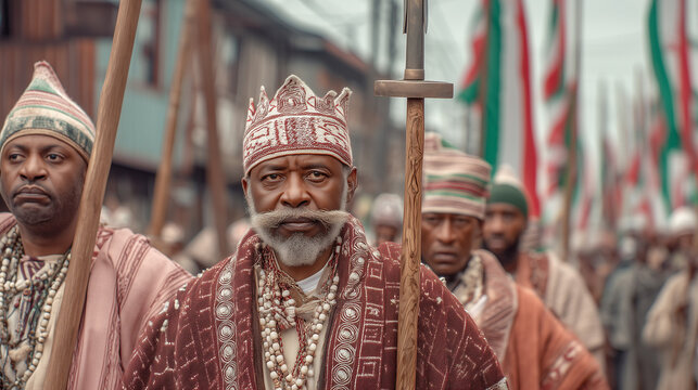 Oromo New Year traditional men parade in ceremonial attire with crowns and spears during Irreecha festival