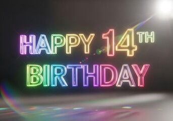 Happy 14th Birthday Colorful Neon Glow Text with Light Flares on Dark Background