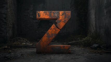 Standing metal letter Z corroding on rubble floor in derelict warehouse, with plants - Powered by Adobe