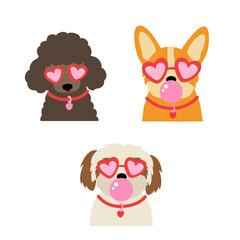 set of isolated playful dogs wearing heart glasses blowing bubblegum